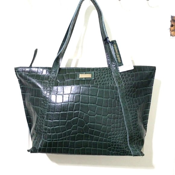 NEW Assots London AGNES Forest Green Croc 100% Leather Satchel Handbag Purse Zip - Picture 2 of 12